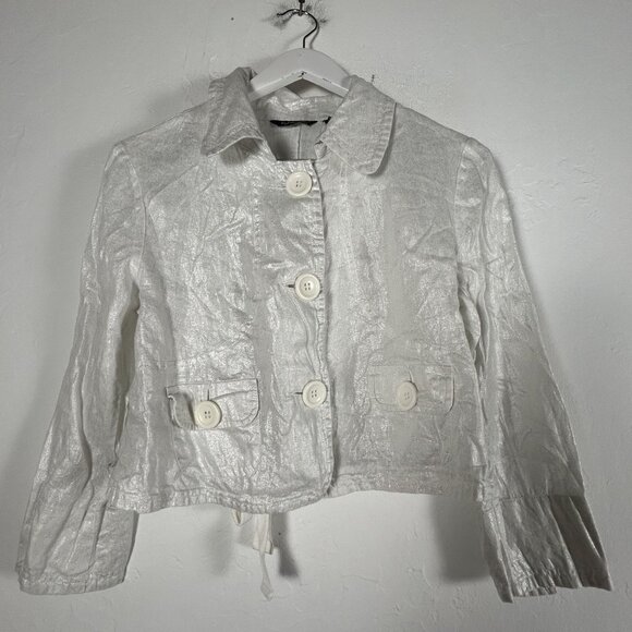 Rgl New York Womens White Shimmer Linen Cropped Button-Up Blazer Jacket Medium - Picture 1 of 7